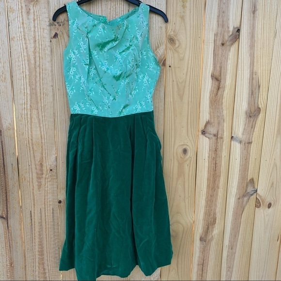 Vintage Handmade Sage & Dark Green Taffeta Velvet Holiday Cottagecore Dress - Picture 1 of 6